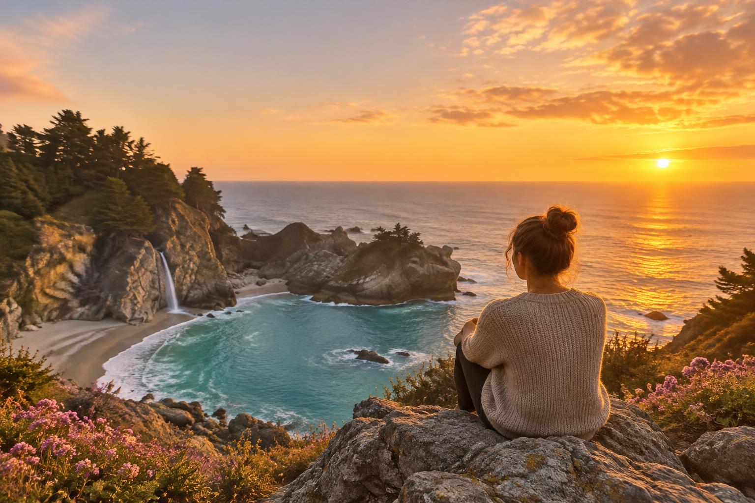 A woman sits on a clifftop overlooking a turquoise cove and a golden sunset